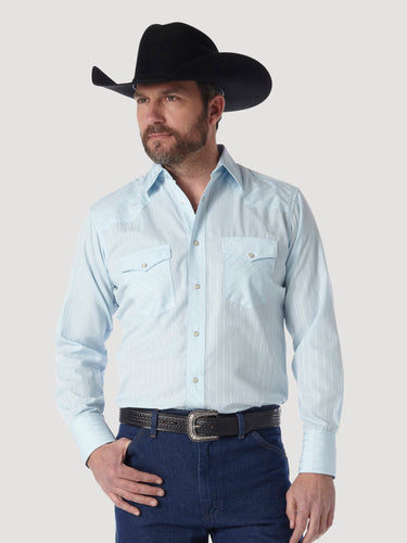 Pard's Western Shop  Men's Wrangler Blue Tone on Tone Stripe Western Snap Shirt