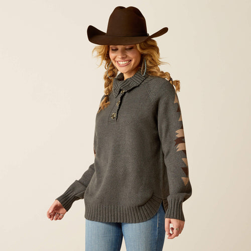 Pard's Western Shop Ariat Ladies Heather Grey Madison Sweater with Southwest Pattern on Sleeves