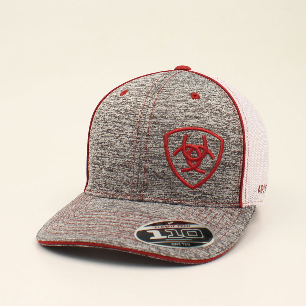 Pard's Western Shop Ariat Heather Grey Flexfit 110 Ballcap with Burgundy Offset Logo Shield