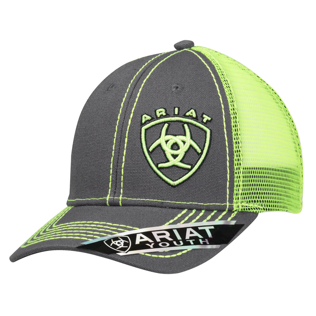 Pard's Western Shop Ariat Kids Grey and Lime Green Logo Ballcap