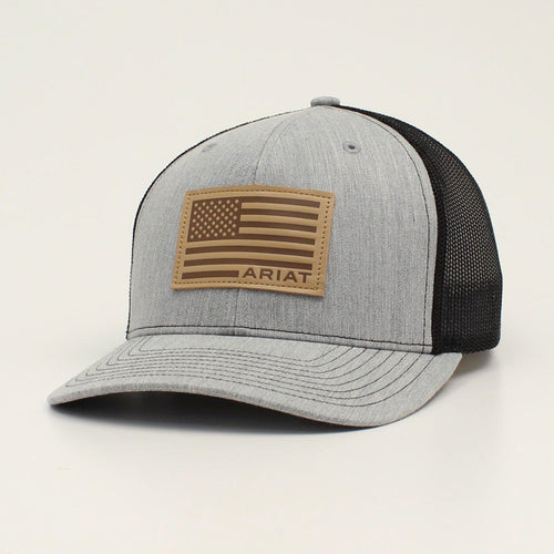 Pard's Western Shop Ariat Grey/Black Ballcap with Brown Embossed USA Flag Patch