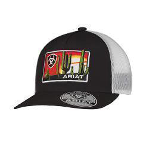 Pard's Western Shop Ariat Black/White Ballcap with Ariat Logo Patch with Cactus Desert Scene