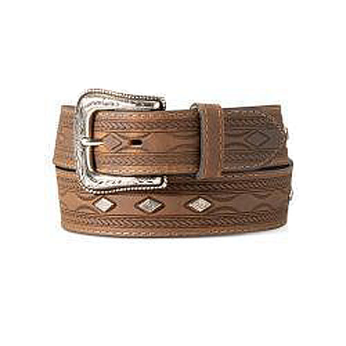 Pard's Western Shop Ariat Brown Aztec Pattern Tooled Belt with Silver Diamond Shaped Conchos