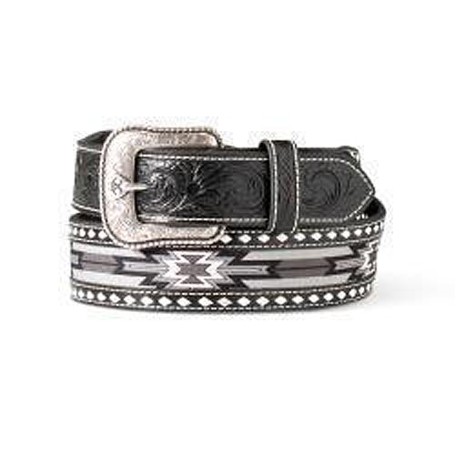 Pard's western Shop Ariat Black Floral Embossed Belt with Black/White/Grey Southwest Pattern Inlay