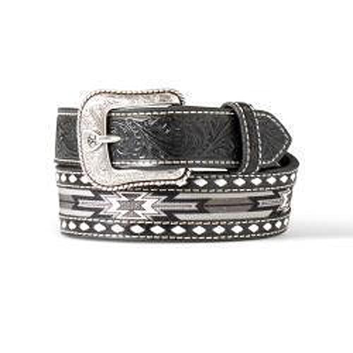 Pard's Western Shop Ariat Kids Black Floral Embossed Belt with Black/White/Grey Southwest Pattern Inlay