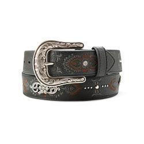 Pard's Western Shop Ariat Black Embroidered Belt with Floral Conchos Inlayed with Crystals