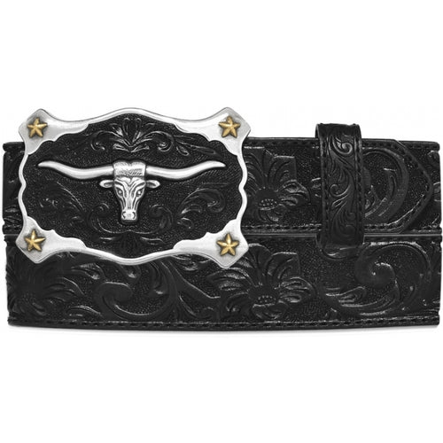 Pard's Western Shop Justin Black Floral Tooled Belt with Black/Silver Longhorn Buckle