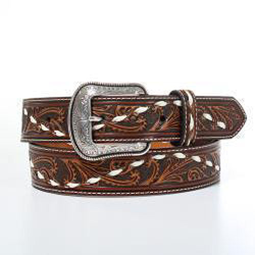 Pard's Western Shop 3-D Brown Floral Tooled Belt with White Buck Stitch Lace Accent