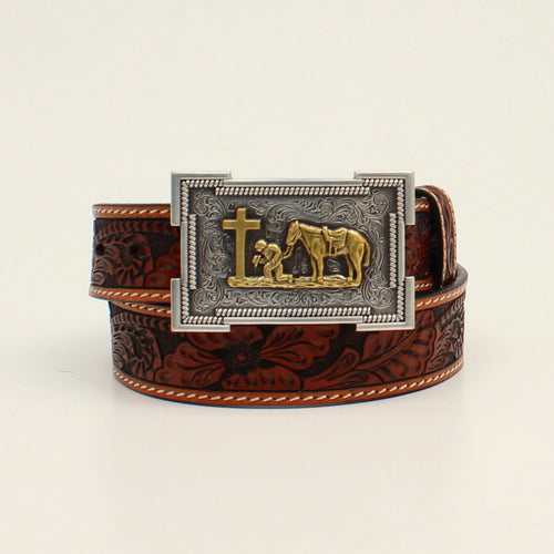 Pard's Western Shop Children's 3D Brown Floral Tooled Belt with Rectangle Praying Cowboy
