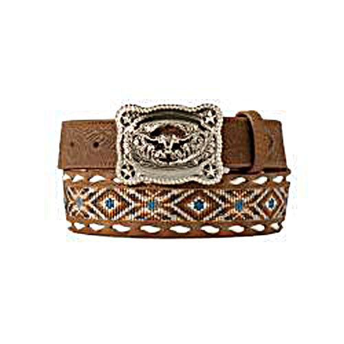 Pard's Western shop 3D Kids Brown Belt with Aztec Embroidered Inlay and Long Horn Buckle