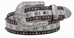 Pard's Western Shop Angel Ranch Brown Belt with White Lace Inset Trimmed in Silver Studs & Crystals