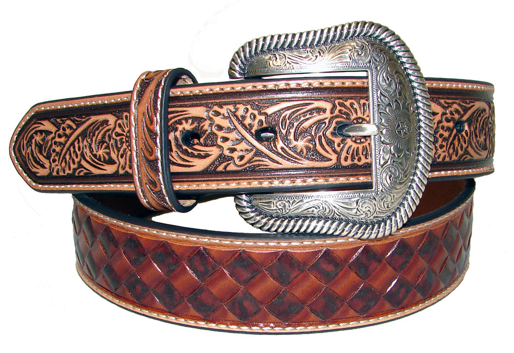 Pard's Western Shop Nocona Brown Basket Weave Embossed Belt with Antique Stained Floral Embossed Tabs