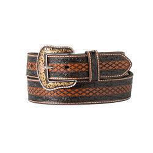 Pard's Western Shop Nocona Brown/Black Floral & Diamond Embossed Belt with Antique Gold/Copper Tone Buckle