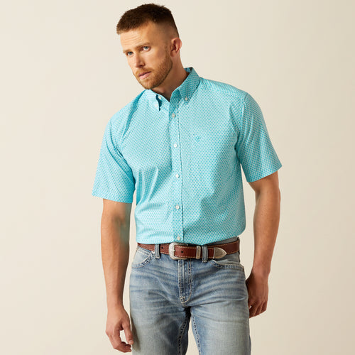 Pard's Western Shop Ariat Men's Westin Blue/White Diamond Print Short Sleeve Classic Fit Button-Down Shirt