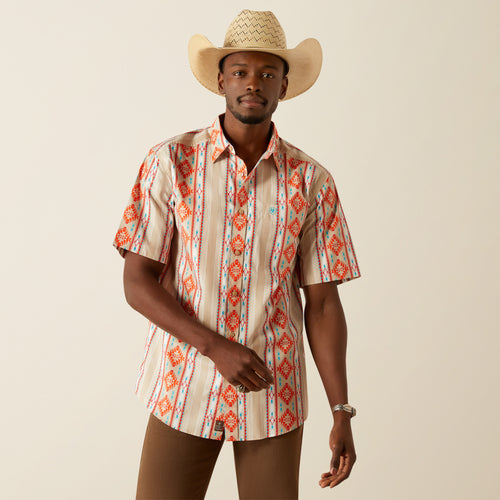 Pard's Western Shop Ariat Men's Wade Tan/Orange Aztec Print Short Sleeve Classic Fit Button-Down Shirt